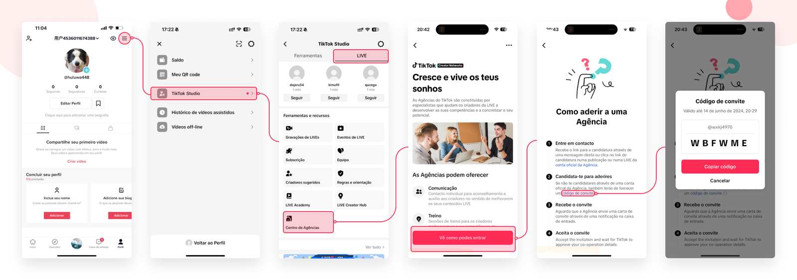 Passo a passo no app do TikTok: Perfil, menu, TikTok Studio, LIVE, Centro de Agências, como aderir a uma agência e código de convite
